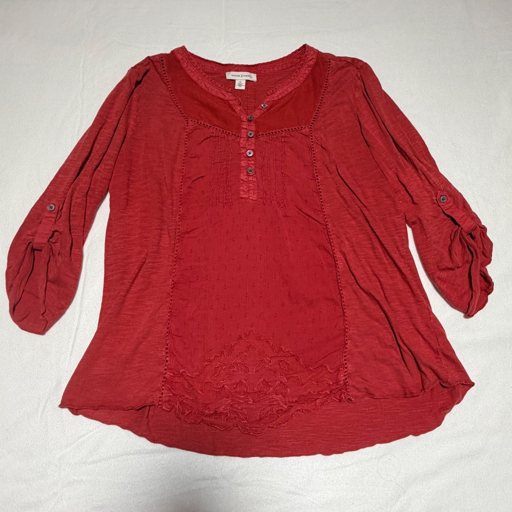 Vintage America Blues Rose Red Henley Lace Pintuck Roll Tab Sleeve Top XL